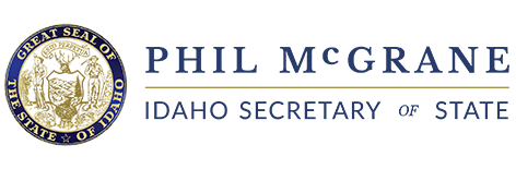 An image of the great seal of Idaho next to the words Phil McGrane, Idaho Secretary of State