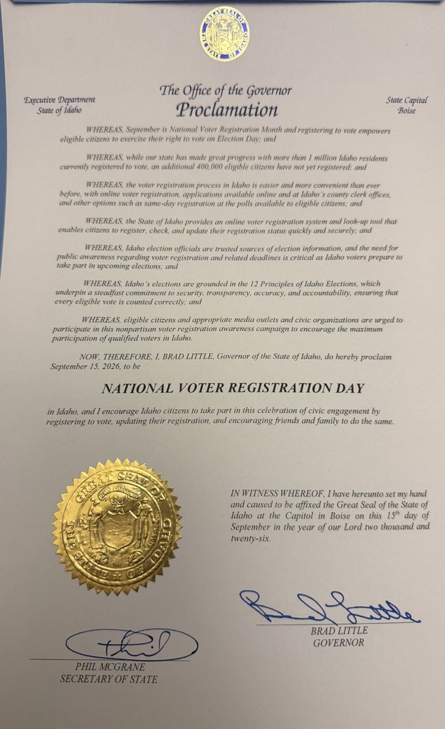 A proclamation document signed by Idaho Secretary of State Phil McGrane, and Idaho Governor Brad Little.